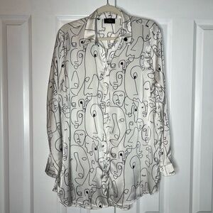 Milk & Honey Abstract Picasso Line Art Collared White Black Artsy Blouse Size XL